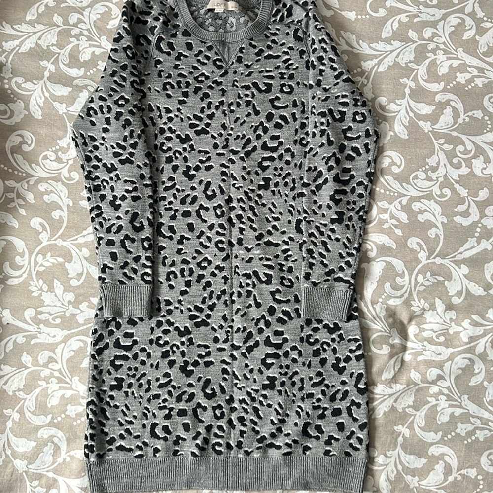 Loft Grey leopard sweater dress Petite